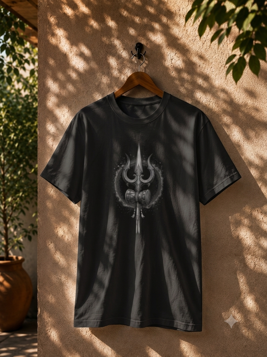 Mahadev Trishul & Damru Graphic T-Shirt | Minimal Lord Shiva Unisex Cotton Tee