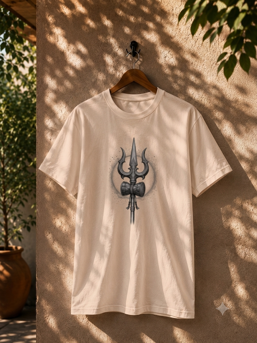 Mahadev Trishul & Damru Graphic T-Shirt | Minimal Lord Shiva Unisex Cotton Tee